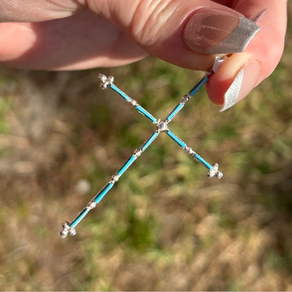 Zuni 925 Sterling Silver and Turquoise Pin Point Cross Pendant - Picture 2 of 10